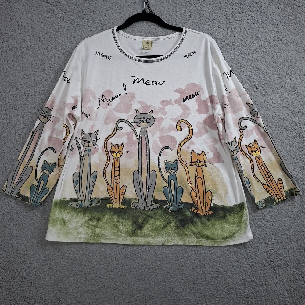 Jess & Jane Womens XL Cat Shirt Artsy Boho Kitty Novelty Rhinestone Stretch USA